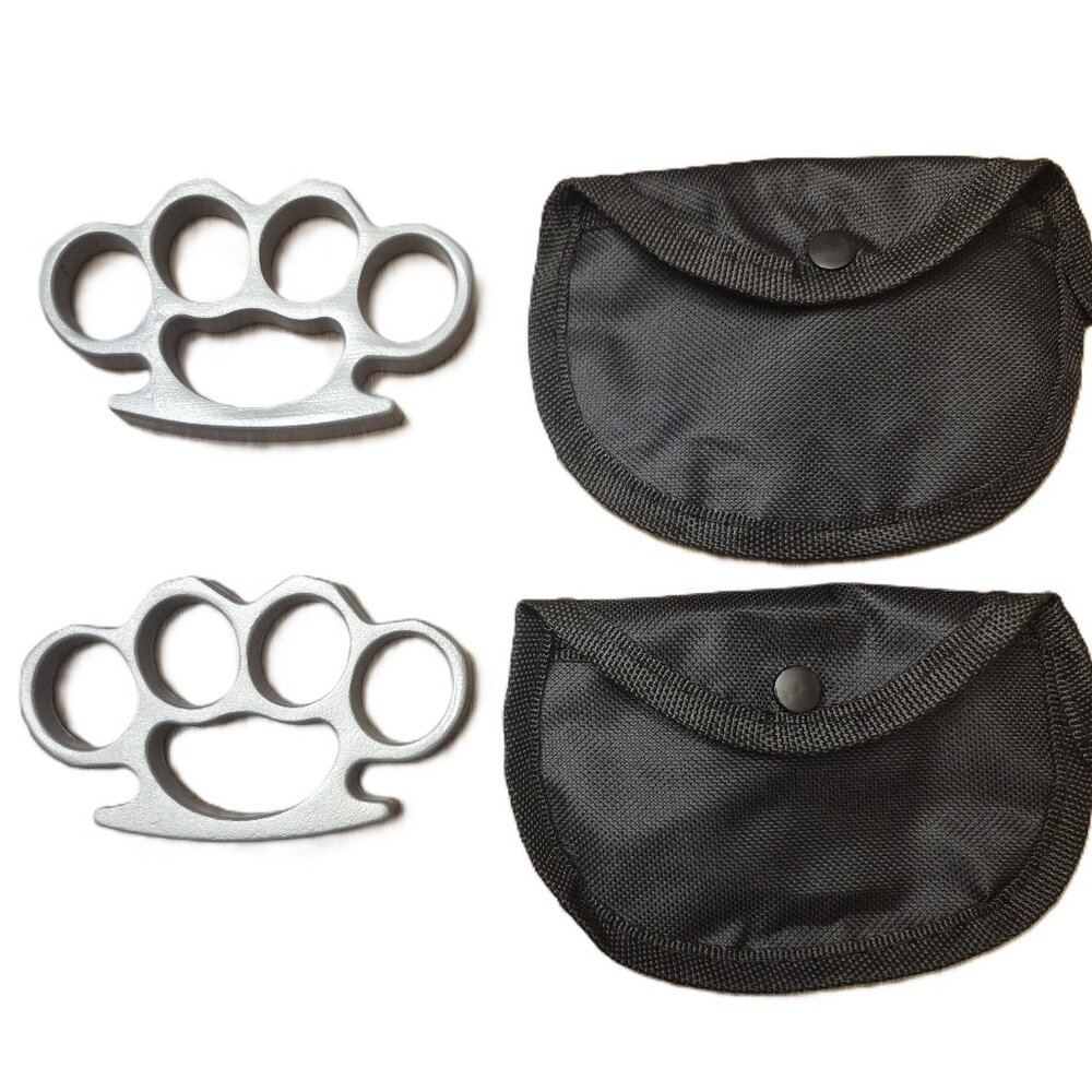 Sleek Silver Self-Defense Knuckle Set with Pouches